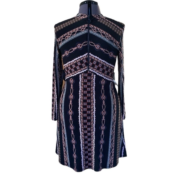 Free People Stella Graphic Long Sleeve Mini Dress M Zip Back Geometric MockNeck - Picture 11 of 15